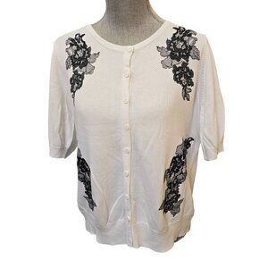 Vintage Women's White Short Sleeve Cardigan Sweater XL Black Lace Appliques